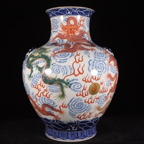 A Exquisite Blue and White Famille-Rose Dragon Pattern Vase