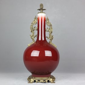 A Exquisite Red Glazed Inlaid Copper Dragon Ear Vase