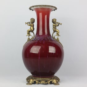 A Exquisite Kiln Transformation Glazed Inlaid Copper Figure Pattern Double Ear Vase