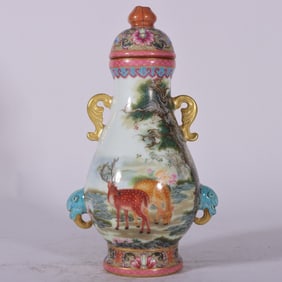 A Exquisite Famille-Rose Deer Pattern Double-Ears Jar