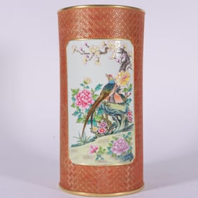 A Exquisite Enamel Carved Iron-Red Painted Gold Flower and Bird Pattern Tube