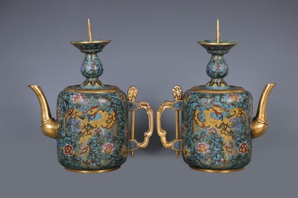 A pair of Rare Bronze Body Cloisonne Phoenix Pattern Handle Ewer
