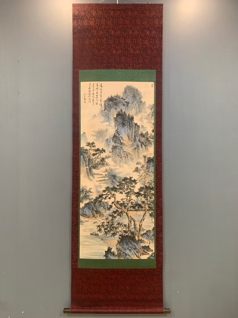 A Chinese Vertical Scroll Ink Painting of Landscape on Paper: A Chinese Vertical Scroll Ink Painting of Landscape on Paper,Modern and Contemporary Period, China,Pu Ru,Size:27.6inx92.5in 一幅中国水墨纸本山