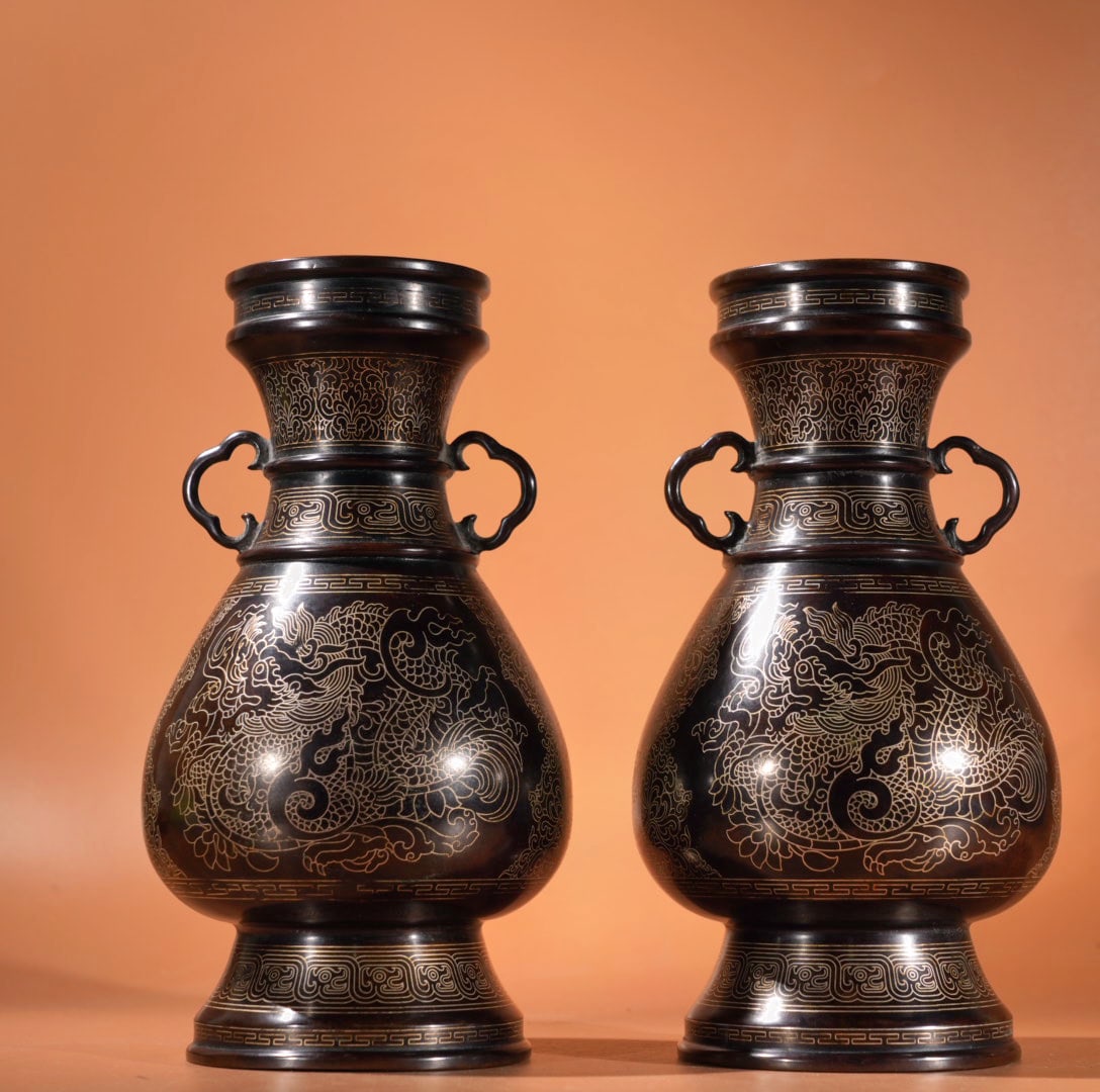 A Exquisite A pair of Silver-Inlaid Red Copper Dragon Pattern Double-Ear Vases (1 of 9)