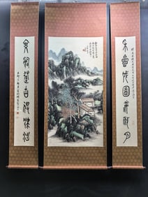 A Set of Chinese Vertical Scroll Ink Paintings of Landscapes on Paper