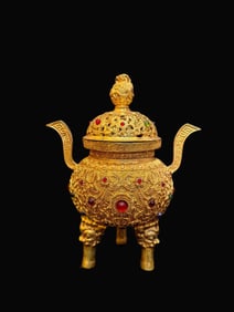 A Exquisite Gilt Bronze Inlaid Gems Censer