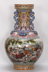 A Exquisite Famille-Rose Horse Pattern Dragon-Ears Vase