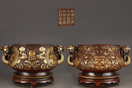 A pair of Gilt Red Copper Dragon Phoenix Pattern Beast-Ears Censer