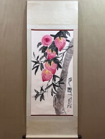 A Chinese Vertical Scroll Ink Painting of Flowers and Fruits on Paper