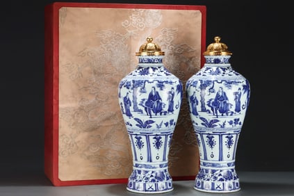 A pair of Exquisite Blue and White Painted Gold Character and Story Pattern Vase
