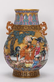 A Exquisite Gold Ground Enamel Character and Story Pattern Double-Ears Vase