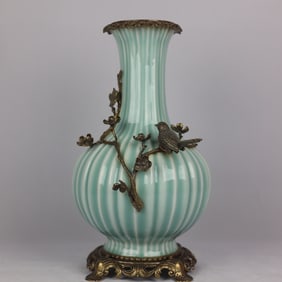 A Exquisite Cyan Glazed Inlaid Copper Flower Bird Vase