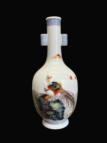 A Exquisite Famille-Rose Flower and Bird Pattern Double-Ears Vase