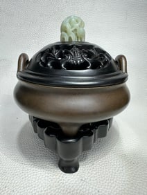 A Rare Bronze Body Inlaid with Hetian Jade Knob Incense Censer