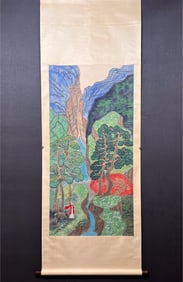 A Chinese Vertical Scroll Ink Painting of Landscape on Paper