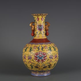 A Exquisite Yellow Ground Famille-Rose Lotus Pattern Double-Ears Vase