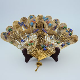 A Exquisite Cloisonne Pure Silver Gilt Phoenix Fan