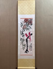 A Chinese Vertical Scroll Ink Painting of Flowers and Birds on Paper