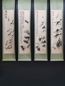 A Set of Chinese Hand Scroll Ink Paintings of Shrimp and Crab on Paper