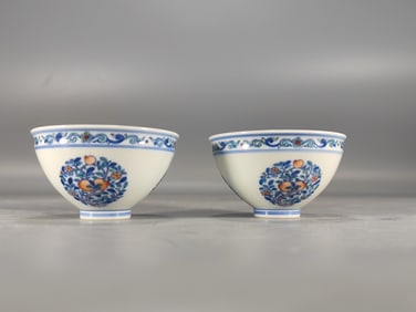 A pair of Exquisite Blue and White Doucai Flower and Fruit Pattern Cup