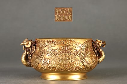 Gilt Red Copper Dragon Phoenix Pattern Beast-Ears Censer