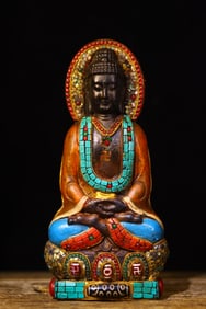 A Exquisite Meteorite Cloisonne Inlaid Gems Dzi bead Buddha statue Ornament