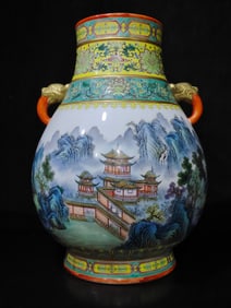 A Exquisite Famille-Rose Landscape Pattern Double-Ears Vase