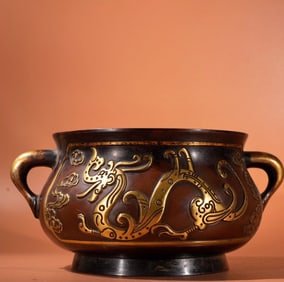 A Exquisite Red Copper Carved Pattern Gilt Double-Ear Censer
