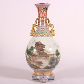 A Exquisite Famille-Rose Landscape Pattern Double-Ears Vase
