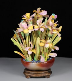 A Rare Ivory Carving with Colored Iris Flower Ornament, with Agate Basin