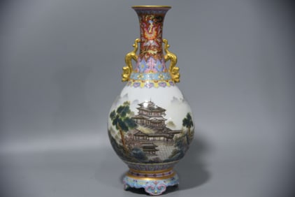 A Exquisite Famille-Rose Landscape Pattern Dragon-Ears Vase
