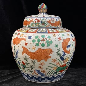 A Exquisite Blue and White Wucai Fish and Lotus Pattern Jar