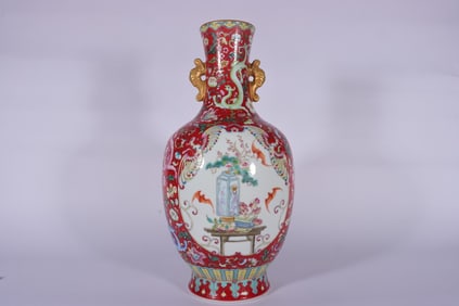 A Exquisite Famille-Rose Bogu Pattern Double-Ears Vase