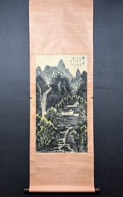 A Chinese Vertical Scroll Ink Painting of Landscape on Paper