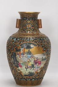 A Exquisite Enamel Painted Gold Character and Story Pattern Double-Ears Vase