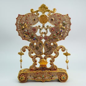 A Exquisite Cloisonne Gilt Double Fish Screen