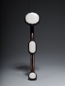 A Rare Zitanwood Inlaid White Jade Ruyi