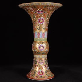 A Exquisite Gold Ground Famille-Rose Lotus and Flower Pattern Vase