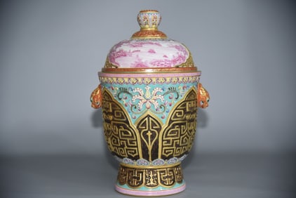 A Exquisite Agate Red Enamel Painted Gold Landscape Pattern Censer
