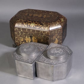 A Exquisite Tin Painted Gold Flower and Bird Pattern Jar