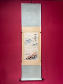 A Chinese Vertical Scroll Ink Painting of Landscape on Paper