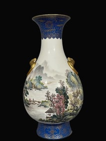 A Exquisite Famille-Rose Painted Gold Landscape Pattern Vase