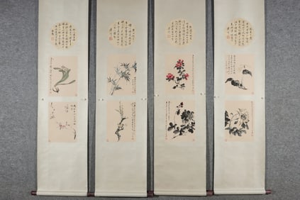 A Set of Chinese Vertical Scroll China Ink Painting of Flower on Paper