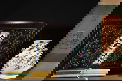 A Exquisite Famille-Rose Painted Gold Character and Story Pattern Double-Eared Vase, with