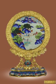 A Rare Bronze Body Cloisonne Cloud and Bat Pattern Landscape Round Table Screen