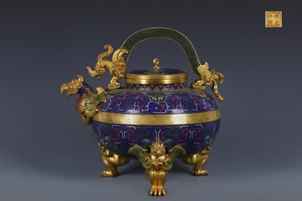 A Rare Bronze Body Cloisonne Carrying Beam Phoenix Head Ewer