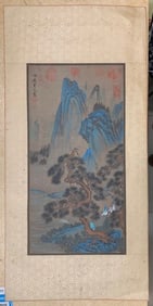 A Chinese Vertical Scroll Ink Painting of Landscape on Silk