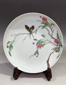 A Exquisite Ruby Red-Glazed Ground Famille-Rose Flower and Bird Pattern Plate