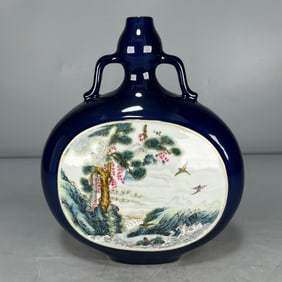 A Exquisite Blue Glazed Famille-Rose Pine and Crane Pattern Gourd-Shaped Vase
