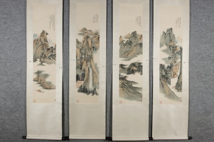 A Set of Chinese Vertical Scroll China Ink Painting of Landscape on Paper